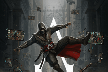 Cartoonish depiction of a ninja tripping and falling awkwardly onto a broken katana, with distorted video game screens and the Assassin's Creed Shadows logo in the background, symbolizing a failed game launch.