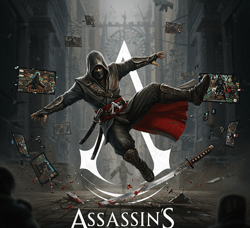 Cartoonish depiction of a ninja tripping and falling awkwardly onto a broken katana, with distorted video game screens and the Assassin's Creed Shadows logo in the background, symbolizing a failed game launch.
