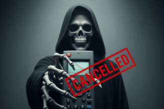 grim reaper holding TV remote with 'CANCELLED' stamp on screen