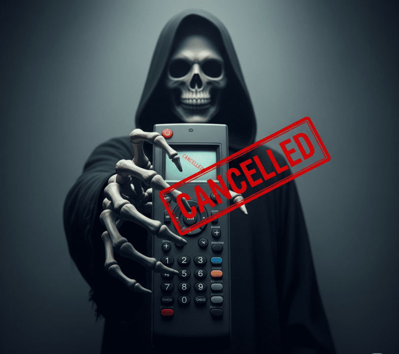 grim reaper holding TV remote with 'CANCELLED' stamp on screen