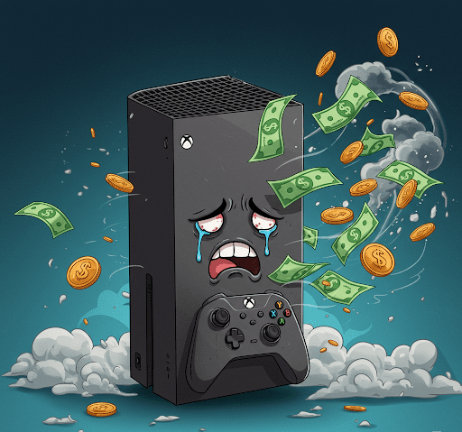 Sad XBox console with money flying around it