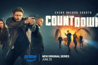 Main poster for the Prime Video series Countdown, featuring Jensen Ackles pointing a gun, with other cast members in action poses, against a dark, dramatic background. The tagline "EVERY SECOND COUNTS" and "NEW ORIGINAL SERIES JUNE 25" are prominent.