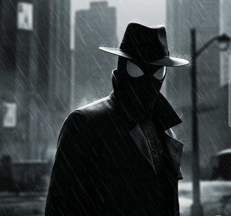 Spider-Noir, a shadowy figure in a trench coat and fedora, stands in a rain-slicked, black and white city.