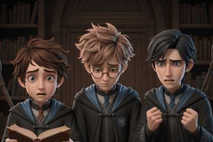 Stylized, animated depiction of young Harry Potter, Ron Weasley, and Hermione Granger (or similar characters) looking shocked or distraught while reading a book in a library setting, with Harry holding the book.