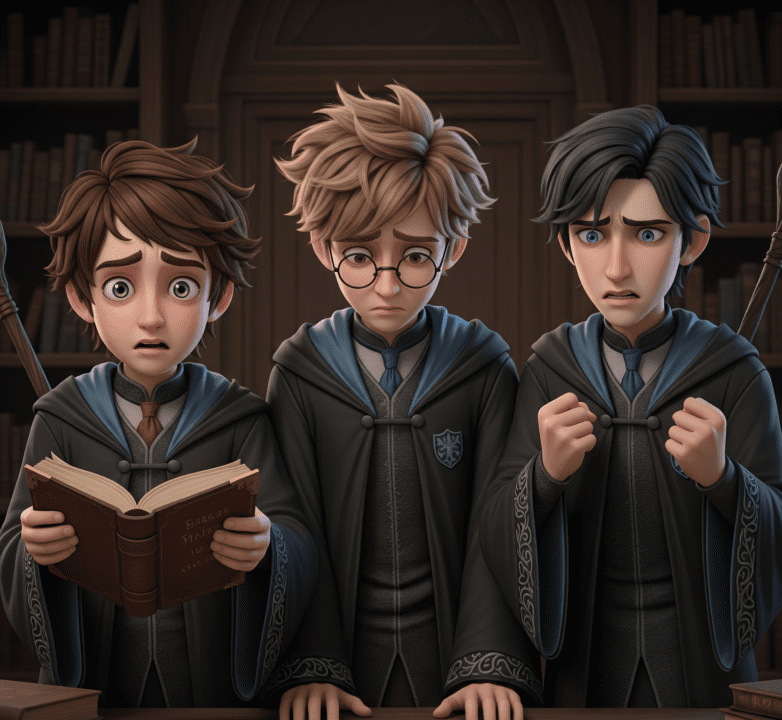 Stylized, animated depiction of young Harry Potter, Ron Weasley, and Hermione Granger (or similar characters) looking shocked or distraught while reading a book in a library setting, with Harry holding the book.
