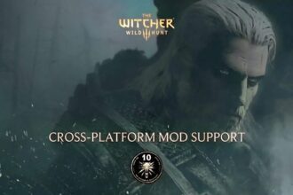 The Witcher 3 Wild Hunt logo with text "Cross-Platform Mod Support" featuring Geralt of Rivia