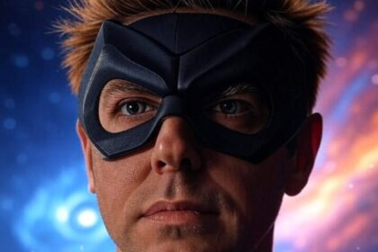 A man in a black superhero mask with a tired expression, against a cosmic, chaotic background.