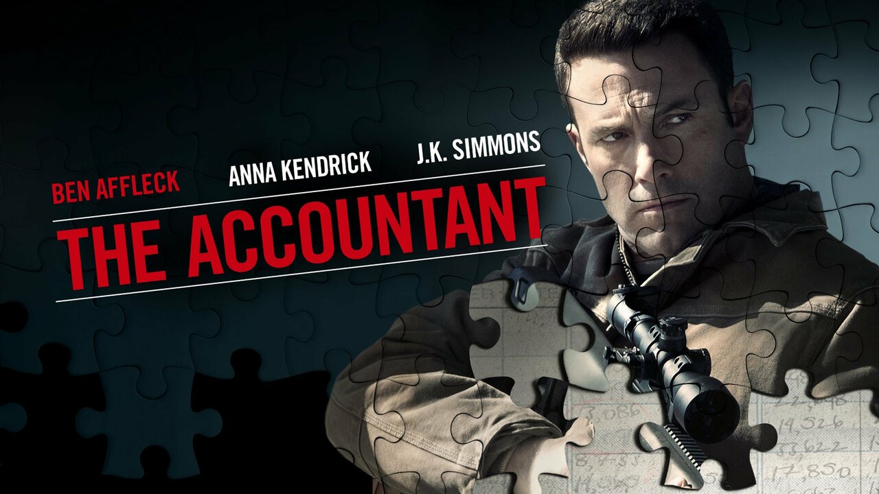 Ben Affleck as Christian Wolff in The Accountant, looking intense and focused, likely mid-calculation or confrontation. Puzzle pieces make up the image.
