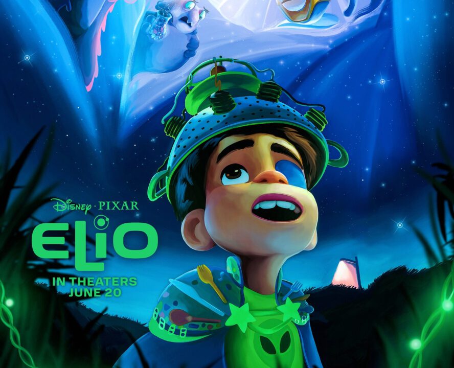 Elio movie poster featuring the main character Elio looking up at abstract alien figures with Disney Pixar logo.