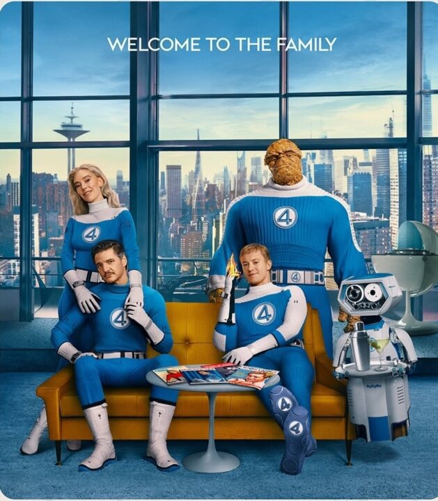 The cast of Fantastic Four: First Steps (Pedro Pascal, Vanessa Kirby, Joseph Quinn, Ebon Moss-Bachrach as The Thing) sits on a yellow couch in blue and white suits, with a retro robot. They are in a modern building overlooking a cityscape, with the text 'WELCOME TO THE FAMILY'.