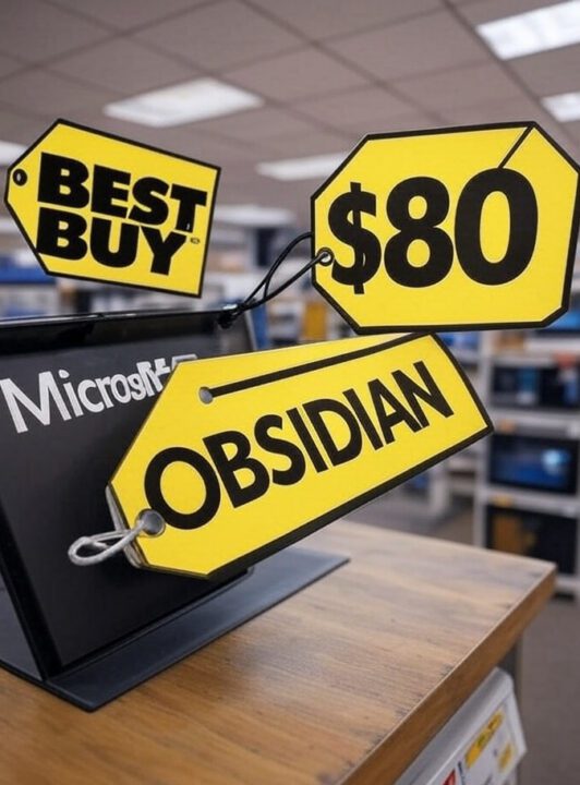 Yellow price tags in a store display, showing 'BEST BUY', '$80', and 'OBSIDIAN', with 'Microsoft' branding visible in the background, symbolizing high video game prices.