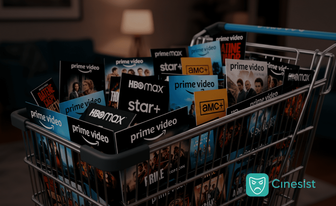 A digital shopping cart overflowing with streaming titles, representing Amazon Prime Video's confusing and cluttered interface.
