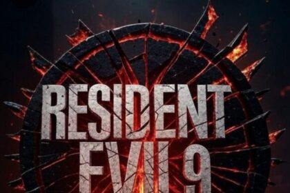 A circular, shattered Resident Evil 9 logo, with glowing cracks and molten core, surrounded by embers and fire on a dark, desolate ground, symbolizing the series being broken and in turmoil.