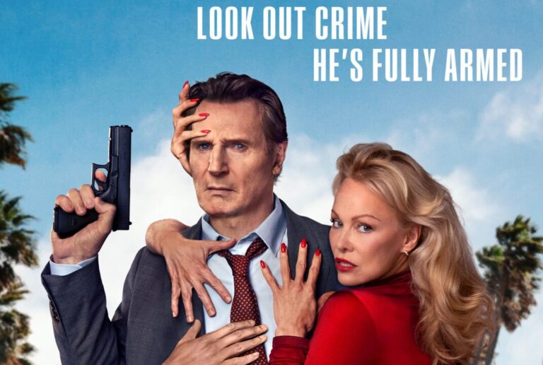 Liam Neeson with a serious expression, holding a handgun, while a woman with red nail polish (Pamela Anderson) embraces him from behind, set against a blue sky with palm trees.