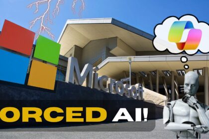 Microsoft HQ building under stormy sky with lightning, an AI droid thinking about the Co-pilot logo, and text 'FORCED AI!'