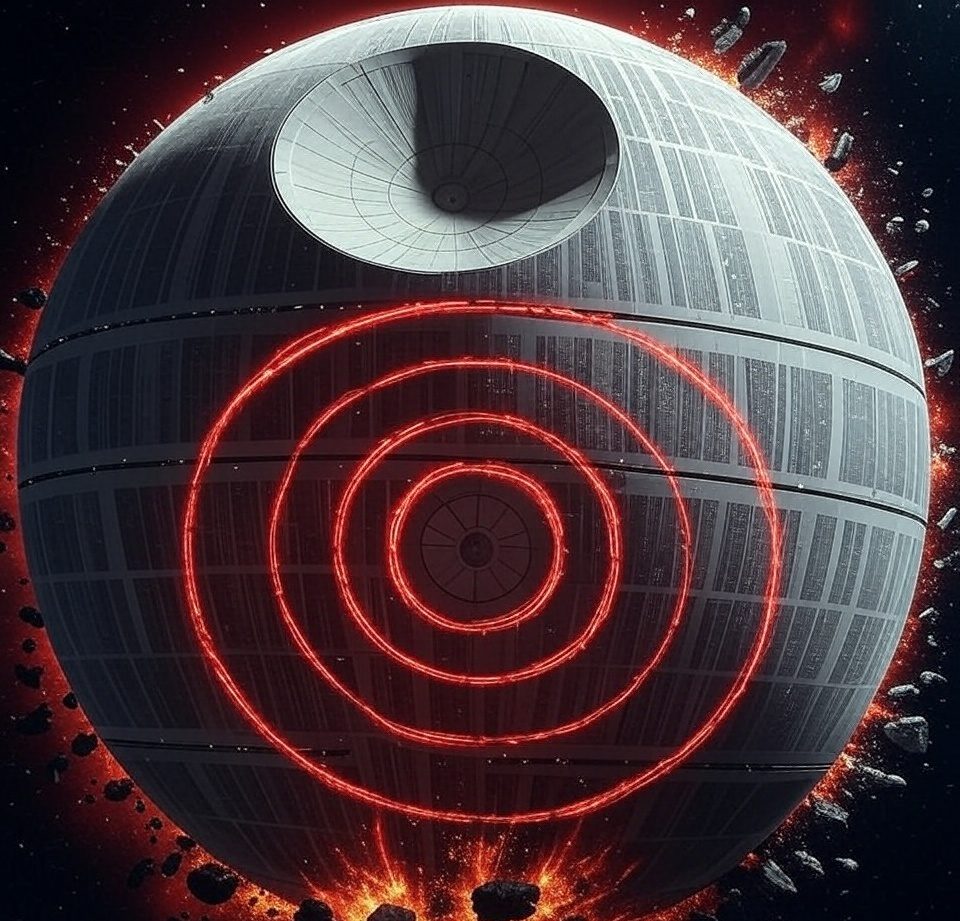 Death Star with a red ring of light, symbolizing the Xbox Red Ring of Death error.