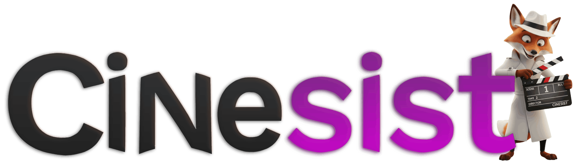 Cinesist Light mode Logo. Features Cine in black, and sist in snarkive purple. It matches the dual color scheme features of Cinesist. Also at the end of Cinesist wordmark is White Spy Cinefox, holding a movie clapper.